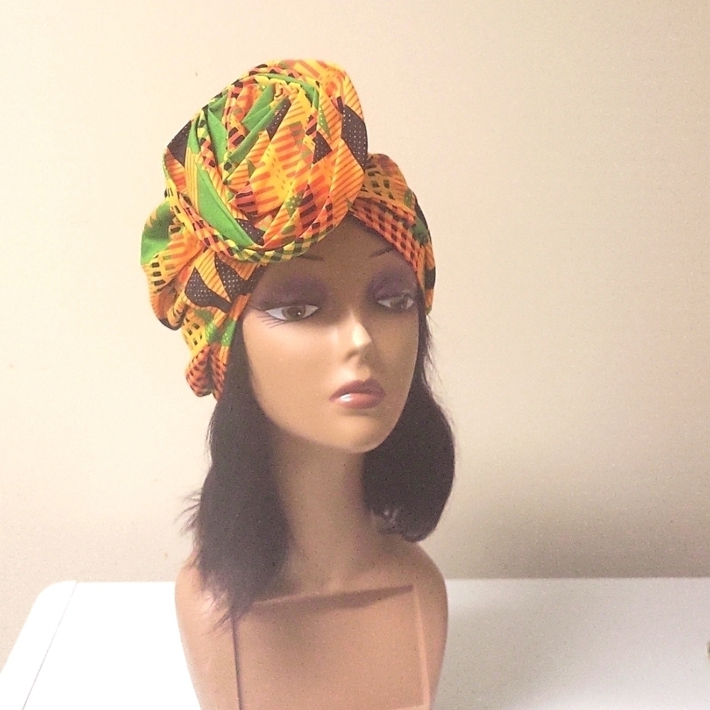 African polyester wax print  pre_tied headwrap with bow, chemo hat